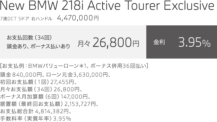 New BMW 218i Active Tourer Exclusive　お支払い例